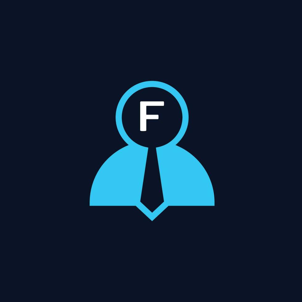 logo initials letter F. logo for job vacancies or employee recruitment. a combination of the human figure symbol, a magnifying glass, initials and a tie. vector