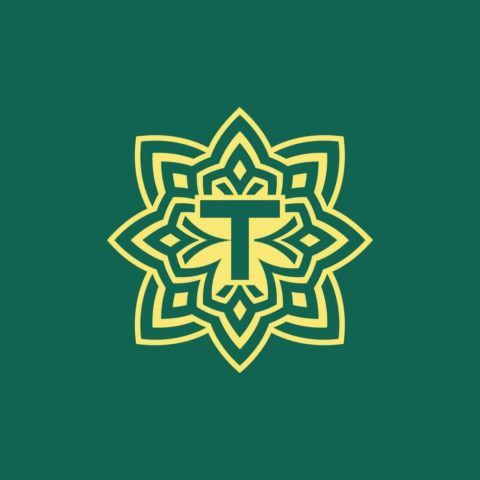 amarillo verde moderno y elegante inicial letra t simétrico floral estético logo vector