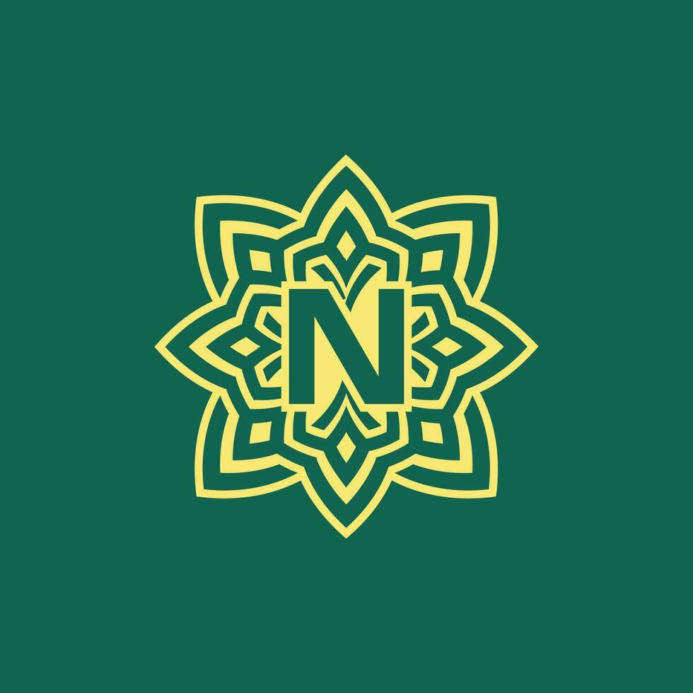 amarillo verde moderno y elegante inicial letra norte simétrico floral estético logo vector