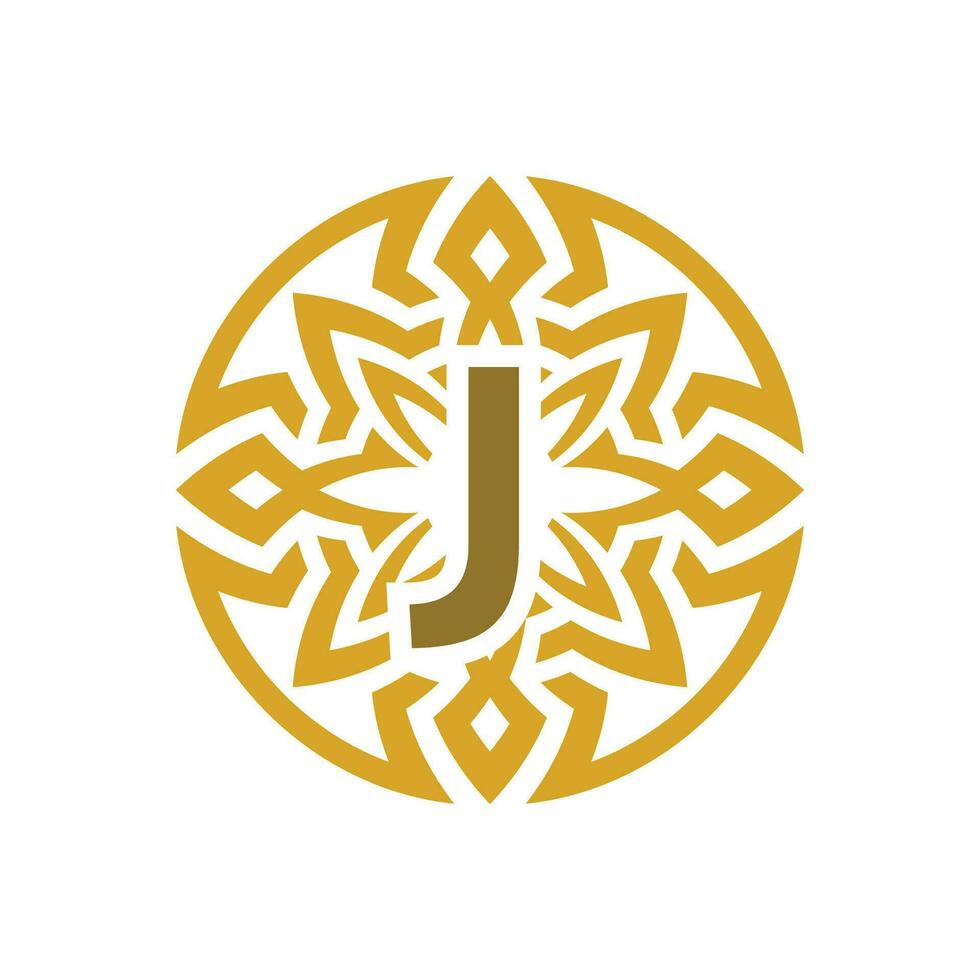 elegant emblem badge initial letter J ethnic ancient pattern circle logo vector