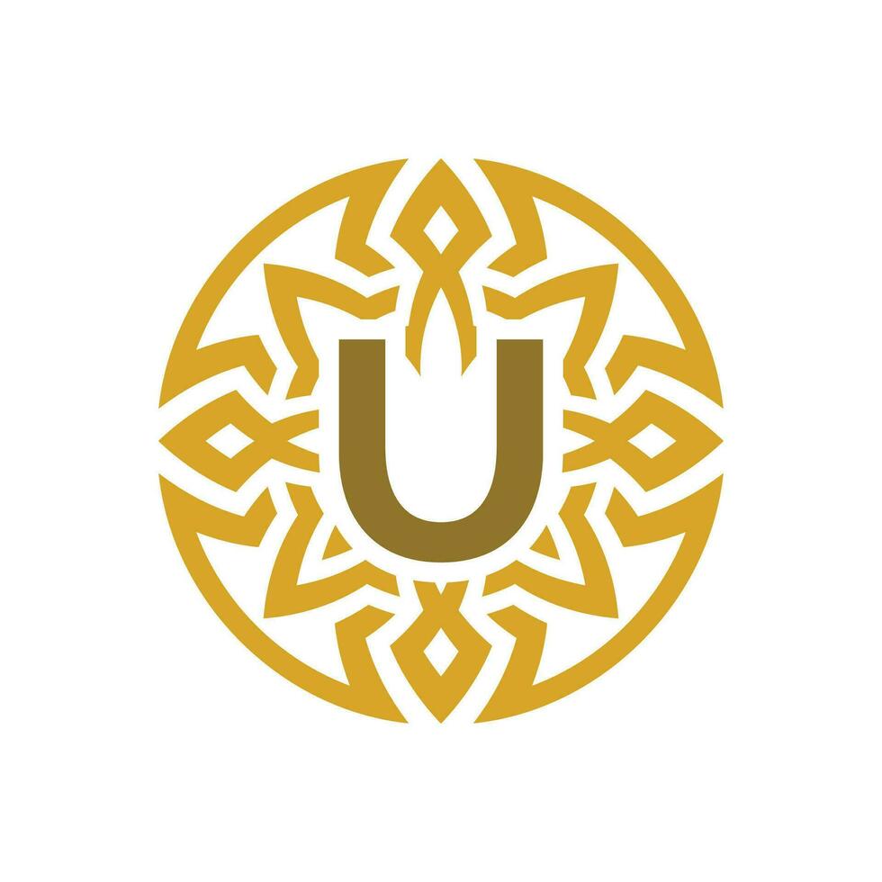 elegant emblem badge initial letter U ethnic ancient pattern circle logo vector