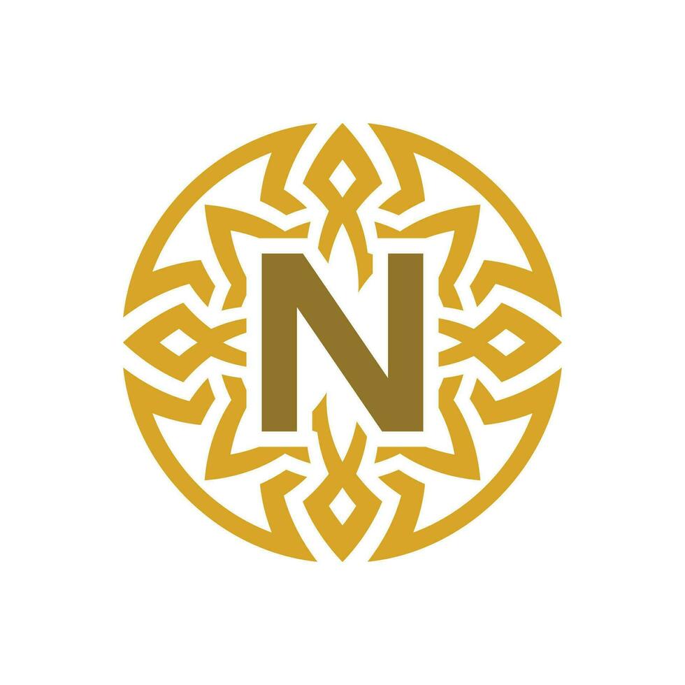 elegant emblem badge initial letter N ethnic ancient pattern circle logo vector