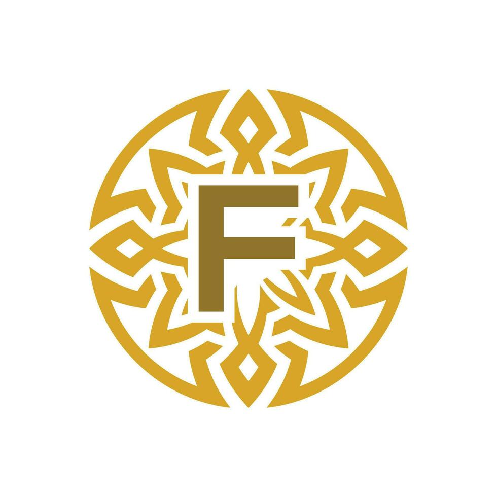 elegant emblem badge initial letter F ethnic ancient pattern circle logo vector