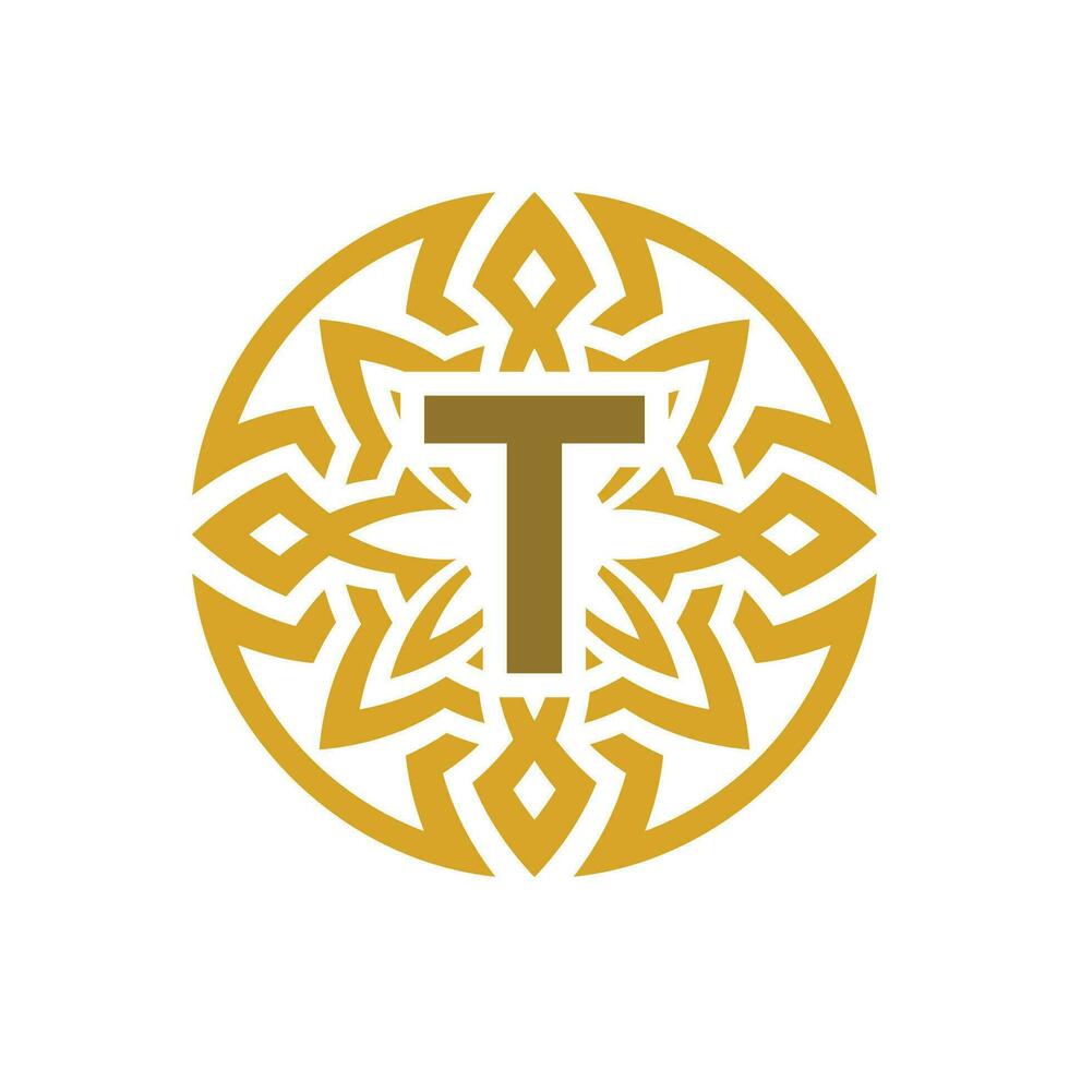elegant emblem badge initial letter T ethnic ancient pattern circle logo vector