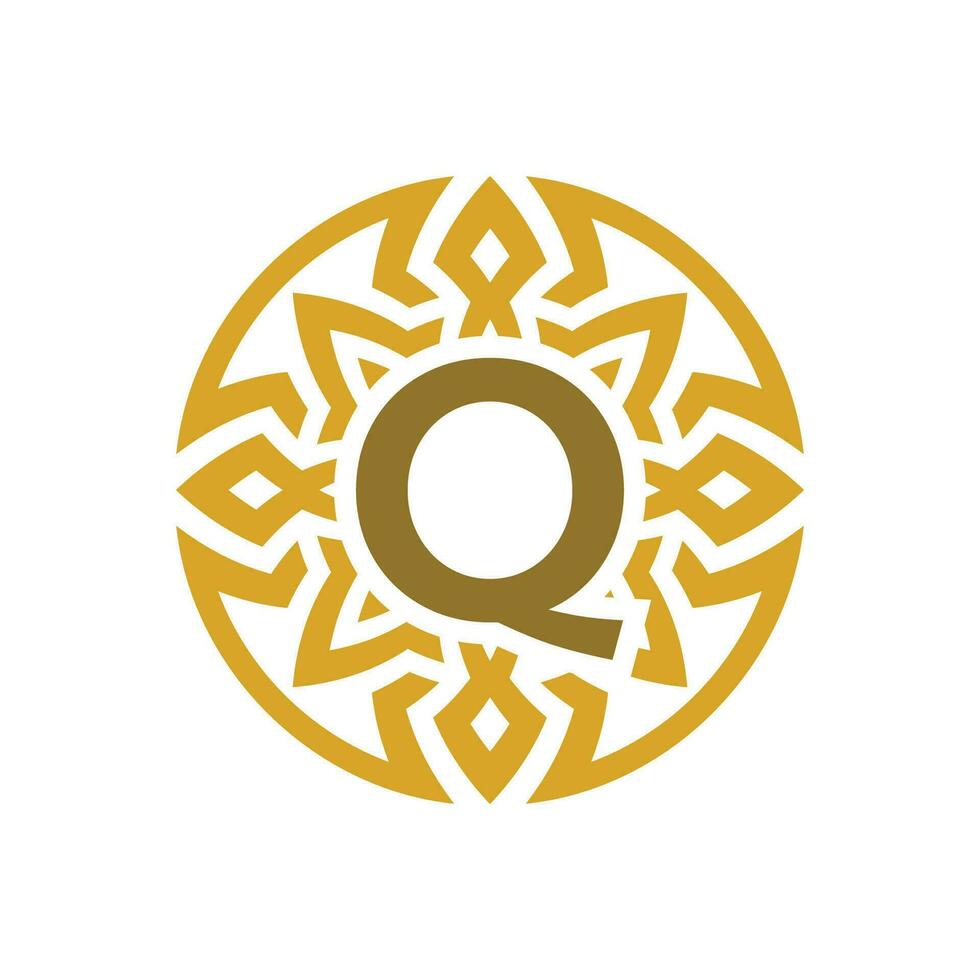 elegant emblem badge initial letter Q ethnic ancient pattern circle logo vector