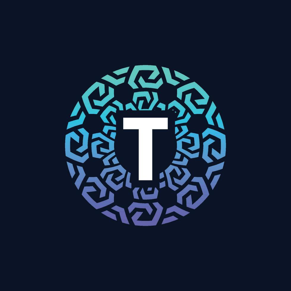 modern and bold initial letter T alphabet technology connection circle emblem logo vector