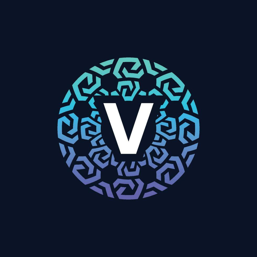 modern and bold initial letter V alphabet technology connection circle emblem logo vector