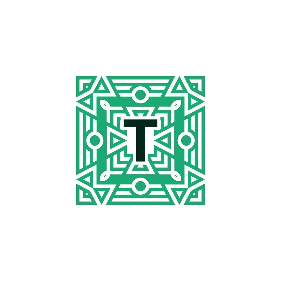 inicial letra t ornamental cuadrado patrón marco logo vector