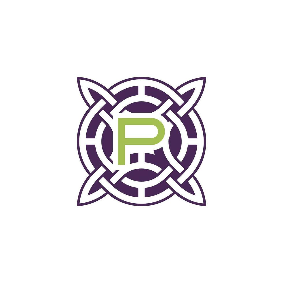 Initial letter P intersection pattern frame Celtic knot logo vector