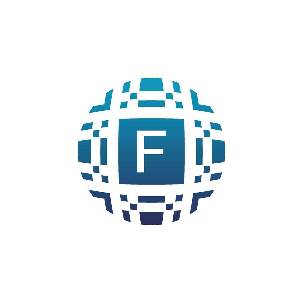 inicial letra F circulo digital tecnología electrónico píxel emblema logo vector
