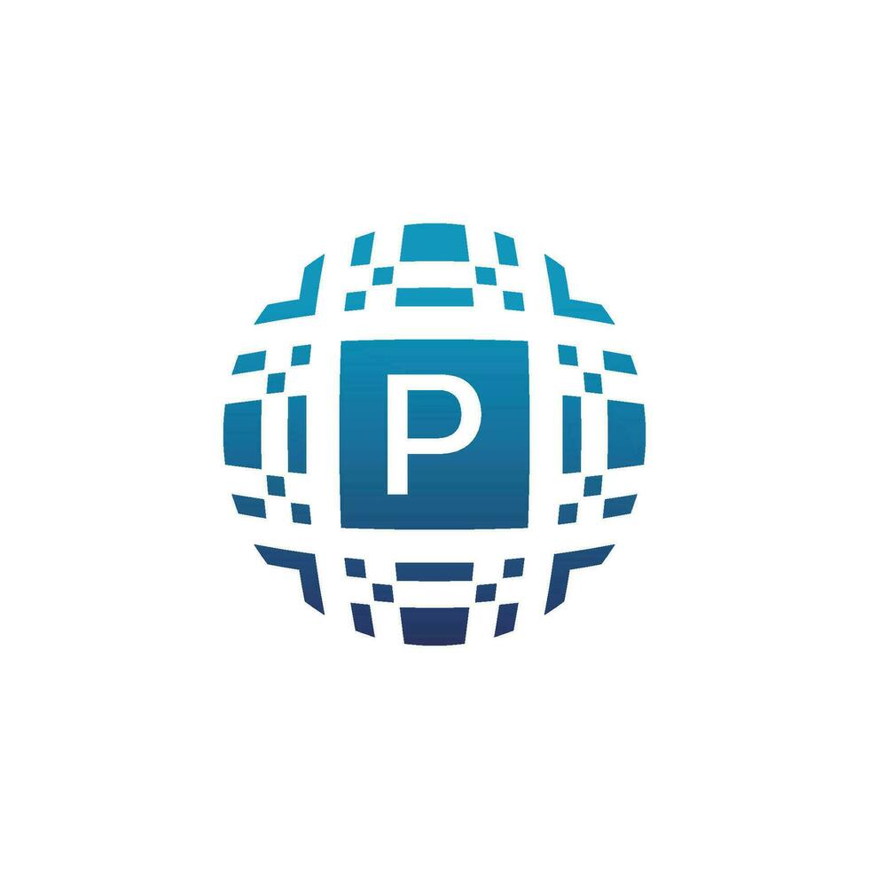 Initial letter P circle digital tech electronic pixel emblem logo vector