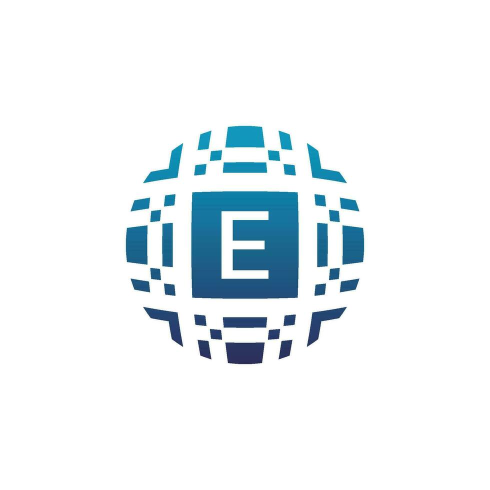 Initial letter E circle digital tech electronic pixel emblem logo vector