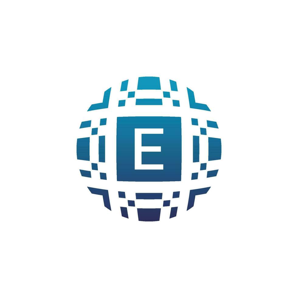 Initial letter E circle digital tech electronic pixel emblem logo vector