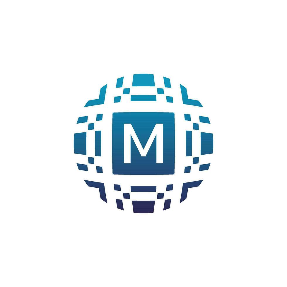 Initial letter M circle digital tech electronic pixel emblem logo vector