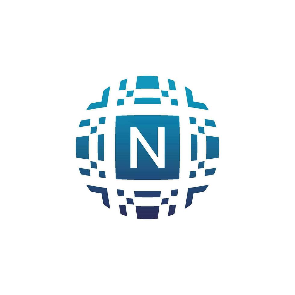 inicial letra norte circulo digital tecnología electrónico píxel emblema logo vector