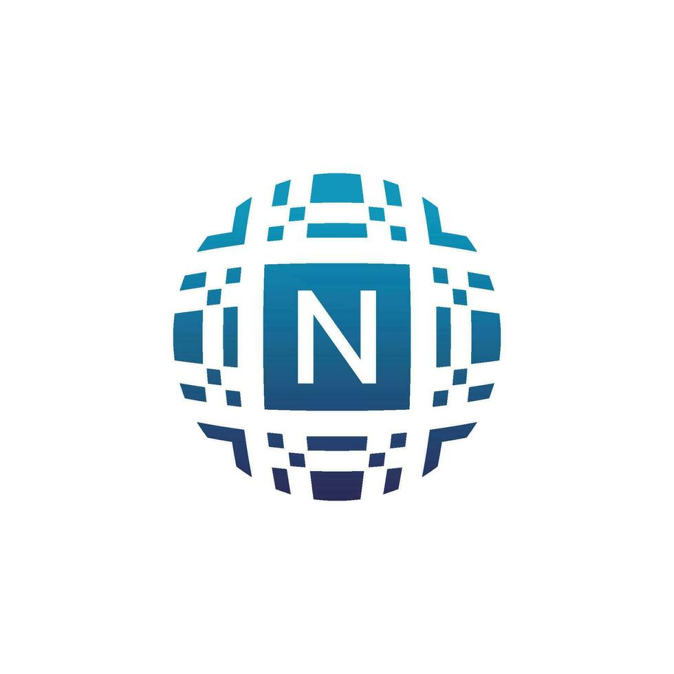 Initial letter N circle digital tech electronic pixel emblem logo vector