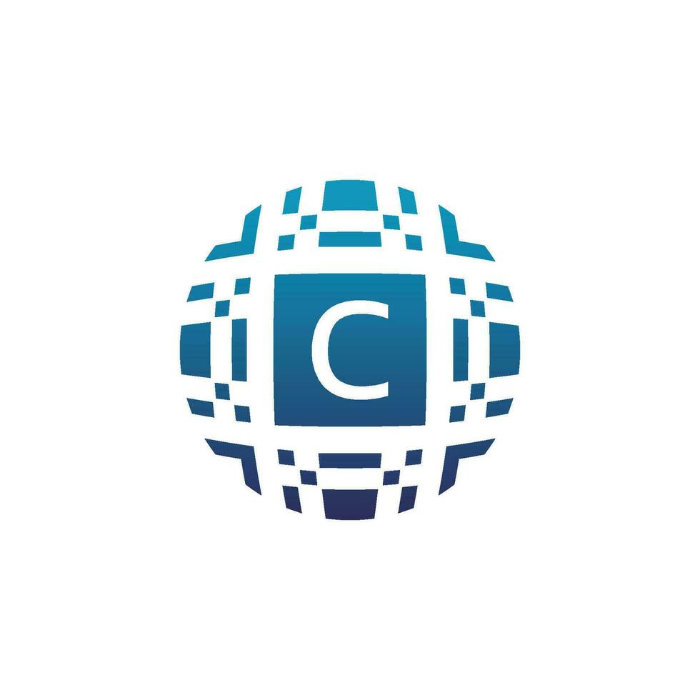 Initial letter C circle digital tech electronic pixel emblem logo vector