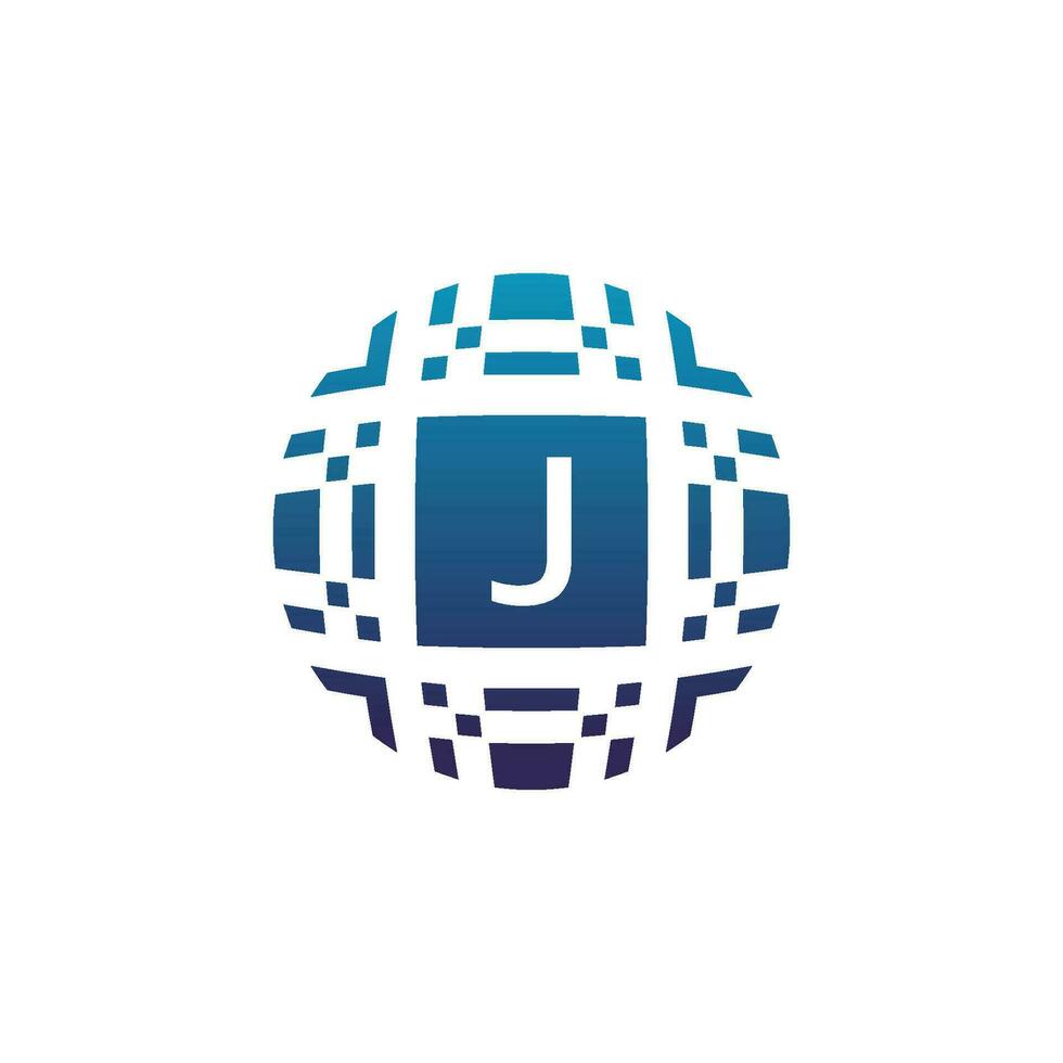 Initial letter J circle digital tech electronic pixel emblem logo vector