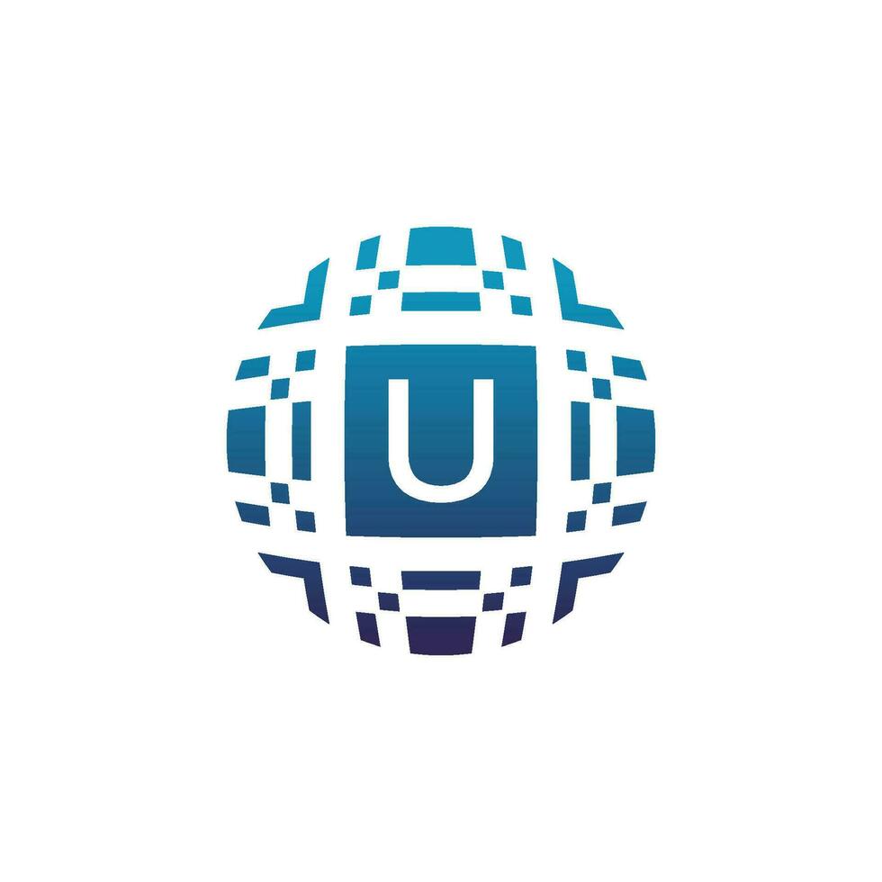 Initial letter U circle digital tech electronic pixel emblem logo vector