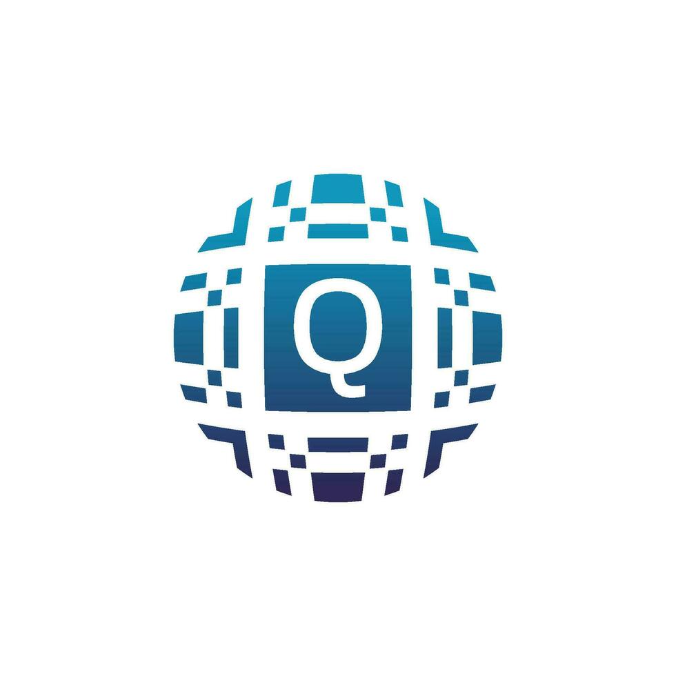 Initial letter Q circle digital tech electronic pixel emblem logo vector