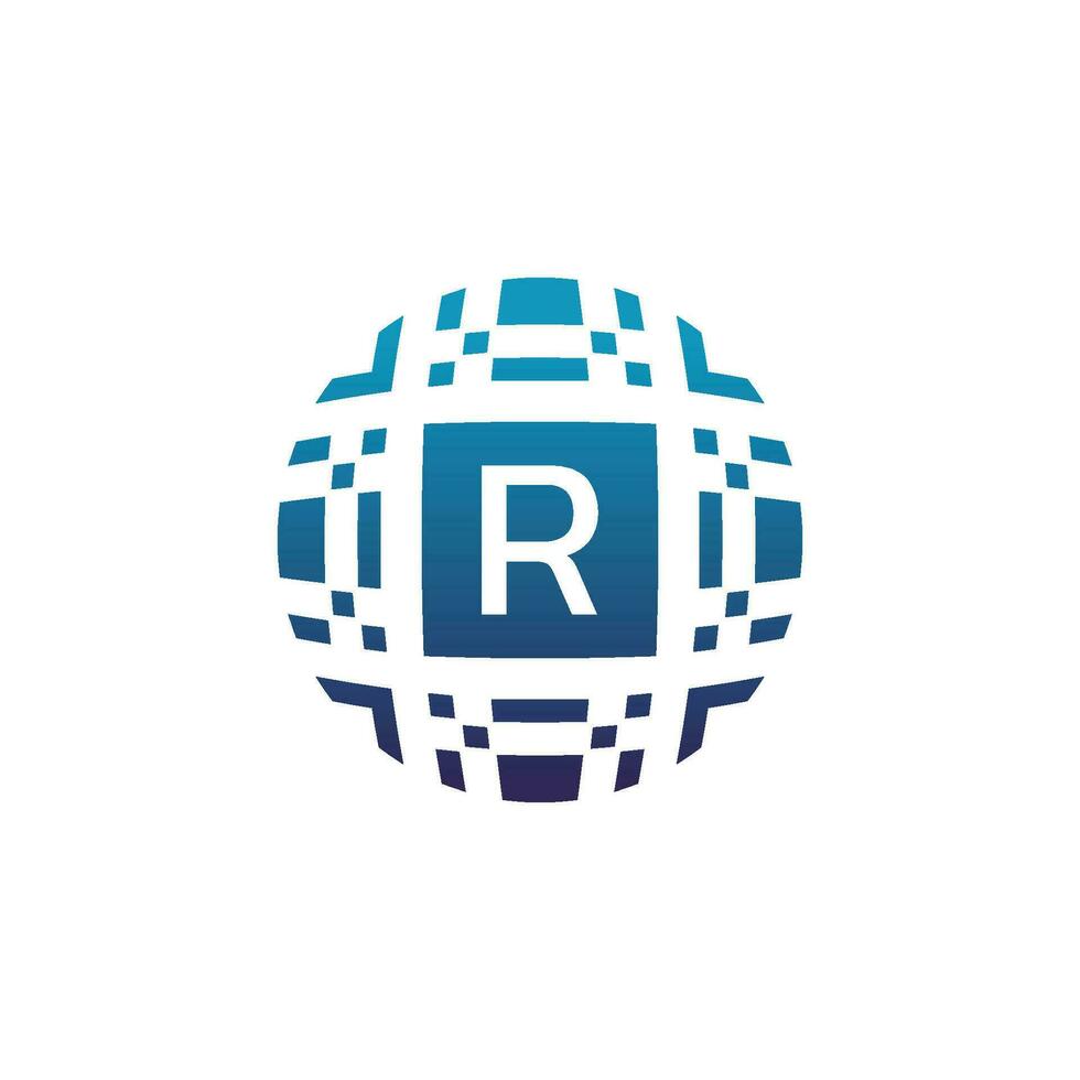Initial letter R circle digital tech electronic pixel emblem logo vector
