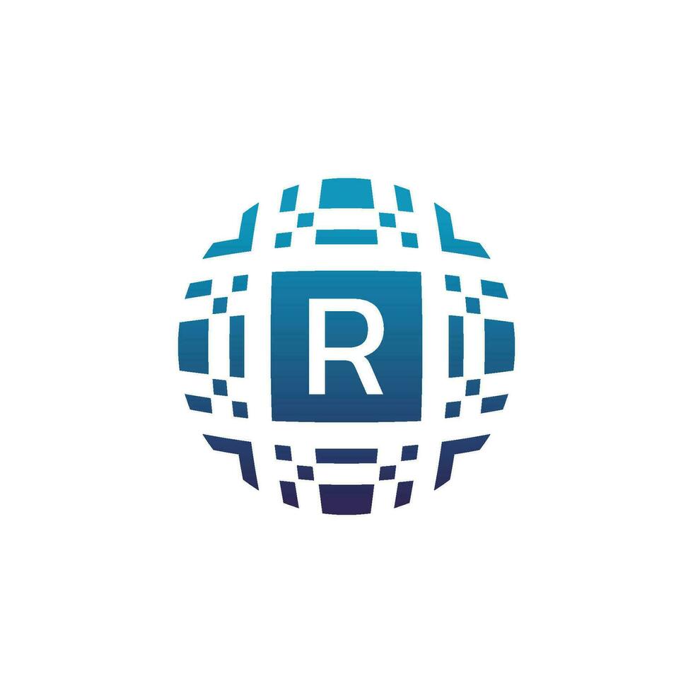 Initial letter R circle digital tech electronic pixel emblem logo vector