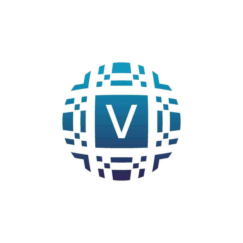 Initial letter V circle digital tech electronic pixel emblem logo vector