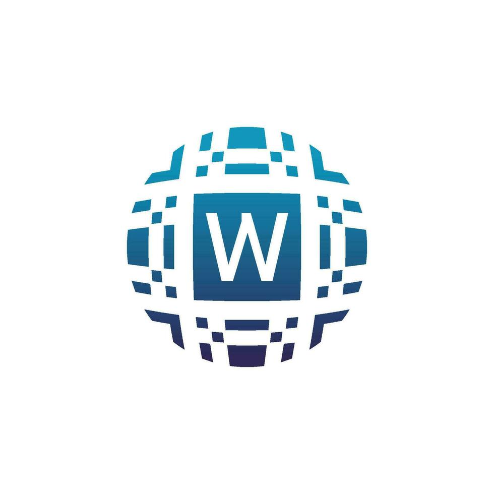 Initial letter W circle digital tech electronic pixel emblem logo vector