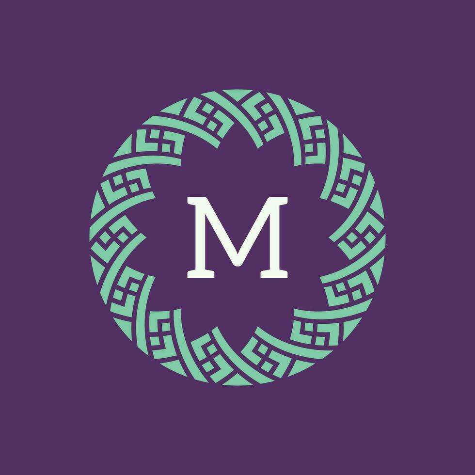 initial letter M ornamental emblem frame circle pattern logo vector