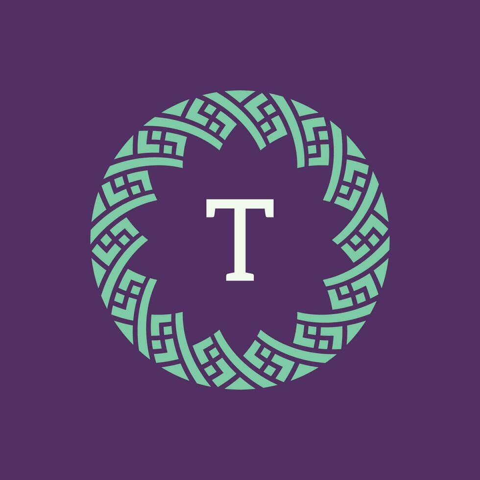 initial letter T ornamental emblem frame circle pattern logo vector