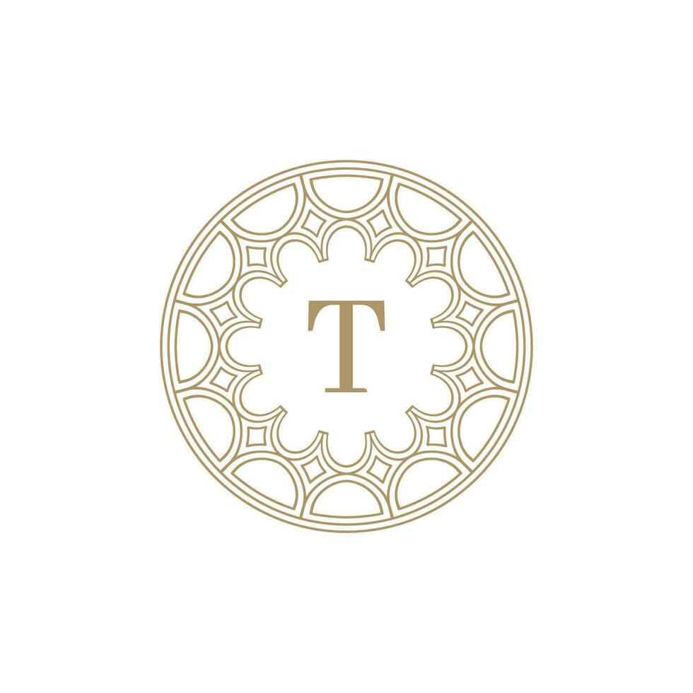 initial letter T ornamental emblem frame circle pattern logo vector