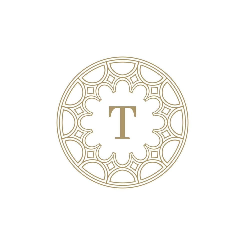 initial letter T ornamental emblem frame circle pattern logo vector