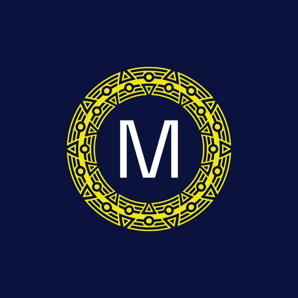 initial letter M futuristic circle pattern frame emblem logo vector