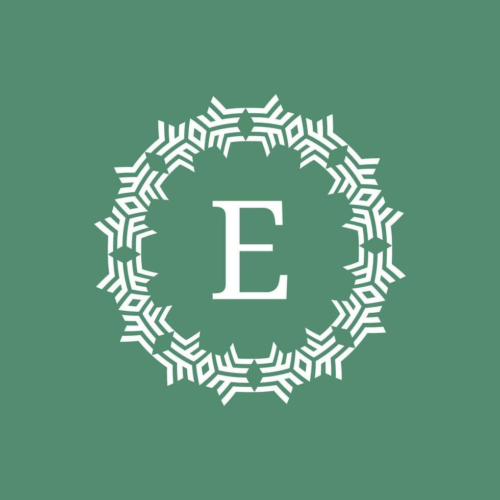 initial letter E ornamental futuristic circle pattern frame emblem logo vector