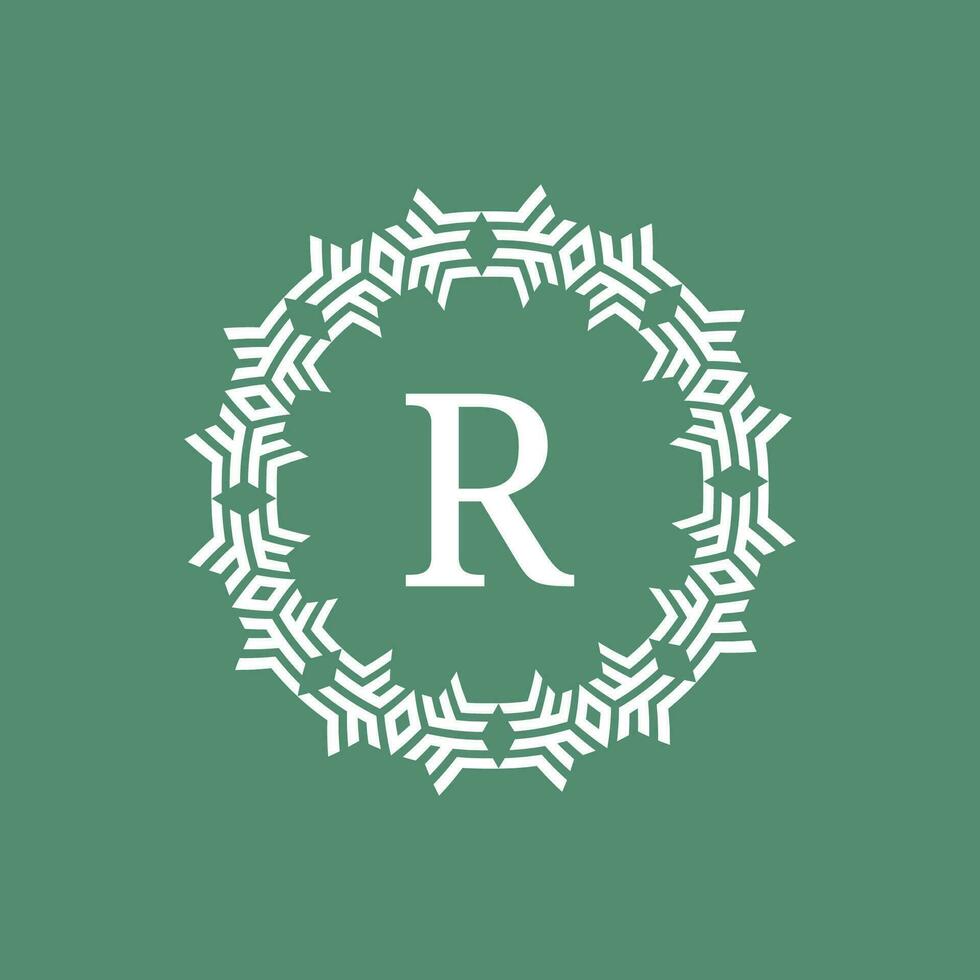 initial letter R ornamental futuristic circle pattern frame emblem logo vector