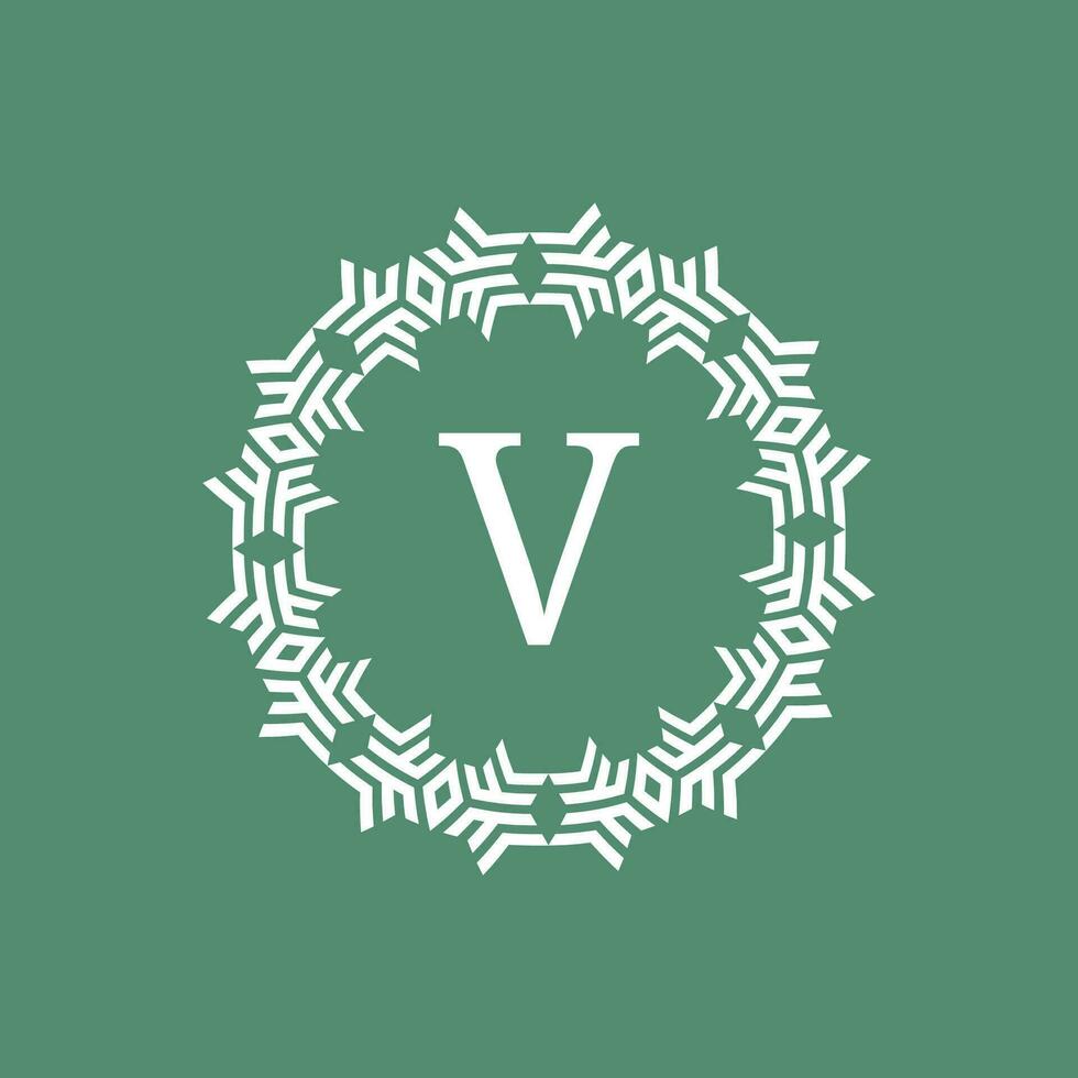 initial letter V ornamental futuristic circle pattern frame emblem logo vector