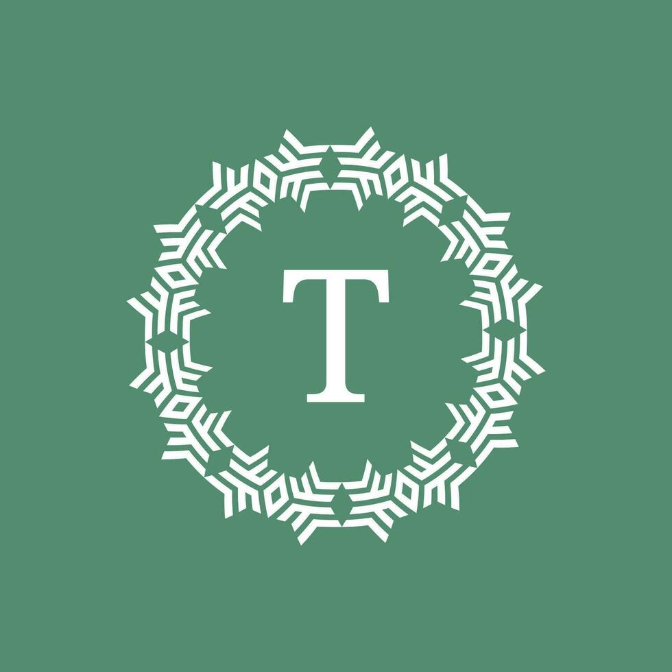 initial letter T ornamental futuristic circle pattern frame emblem logo vector