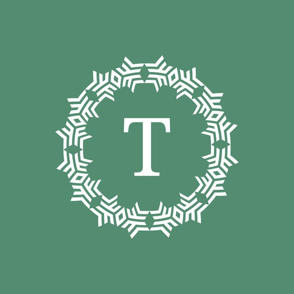 initial letter T ornamental futuristic circle pattern frame emblem logo vector