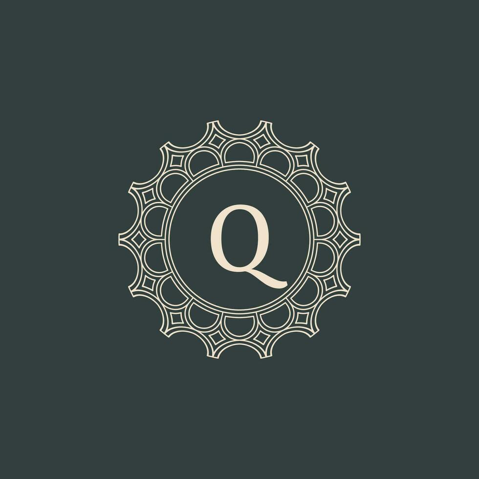 elegante letra q ornamental floral circulo marco frontera logo vector