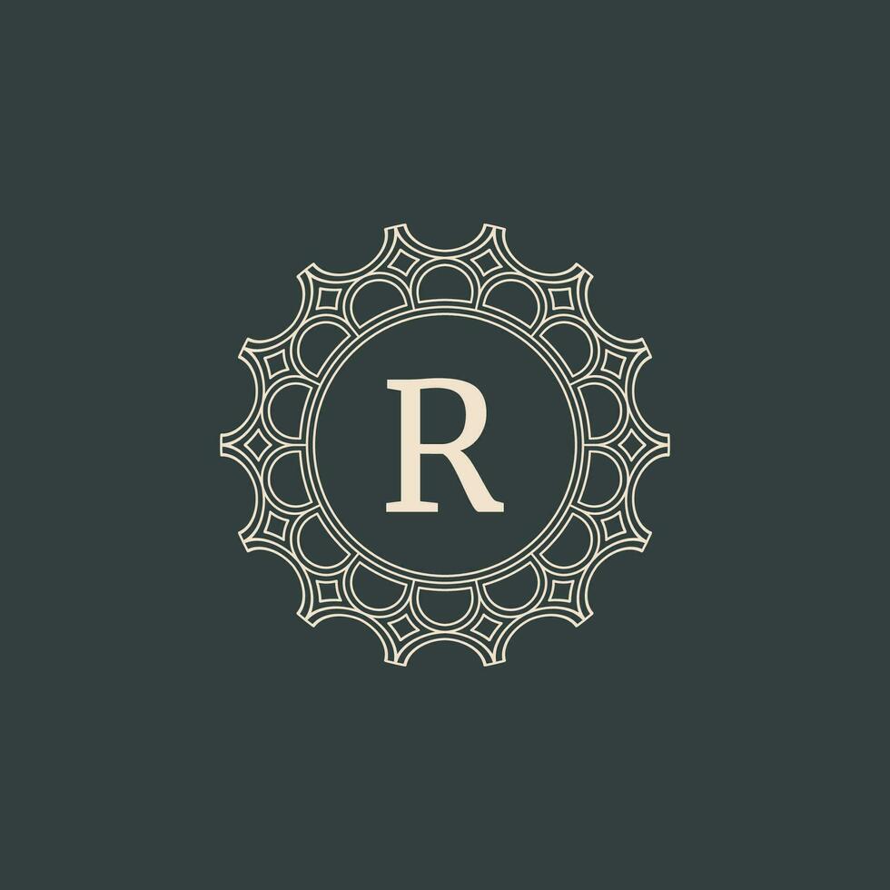 elegant letter R ornamental floral circle frame border logo vector