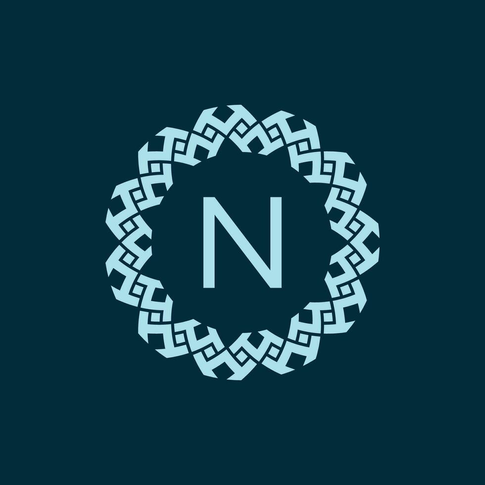 initial letter N ornamental emblem frame circle pattern logo vector