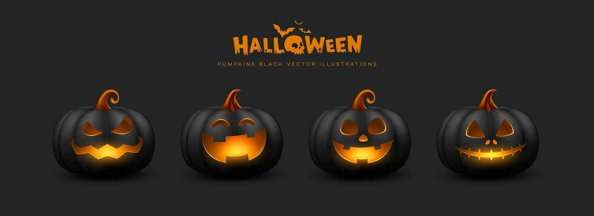 Víspera de Todos los Santos negro calabazas sonriente y de miedo rostro, colecciones diseño en oscuro negro fondo, eps 10 vector ilustración