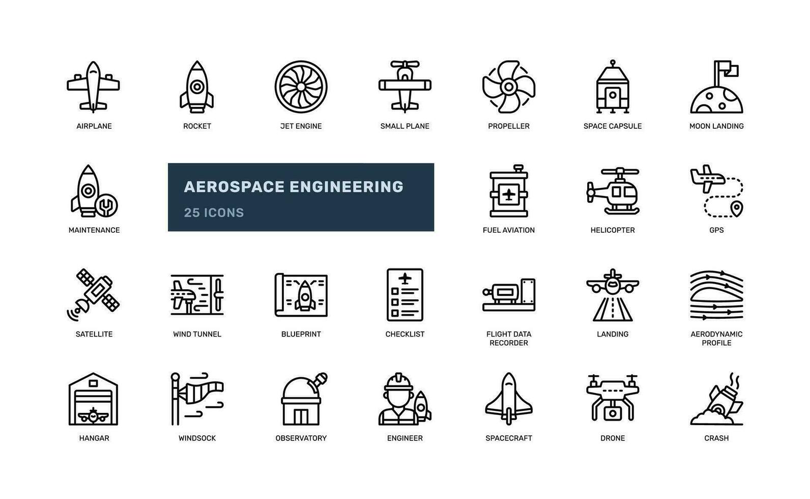 aerospace engineering aviation airplane space technology rocket detailed outline line icon set vector