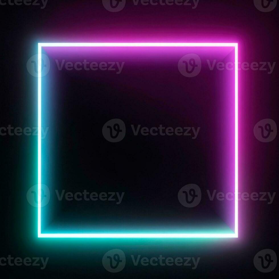 Neon square frame template isolated black background. Pink and blue colors. AI generative photo