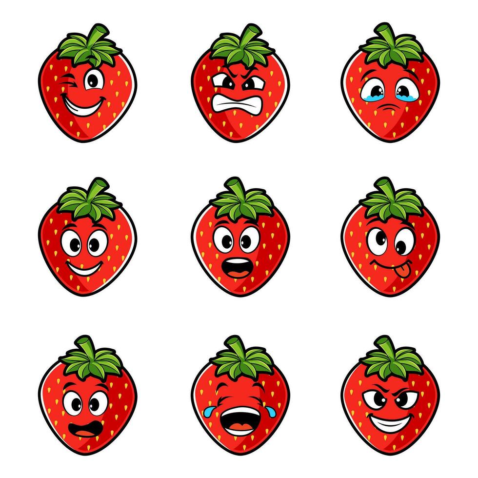 Strawberry character with funny face. Happy cute cartoon strawberry emoji set vector