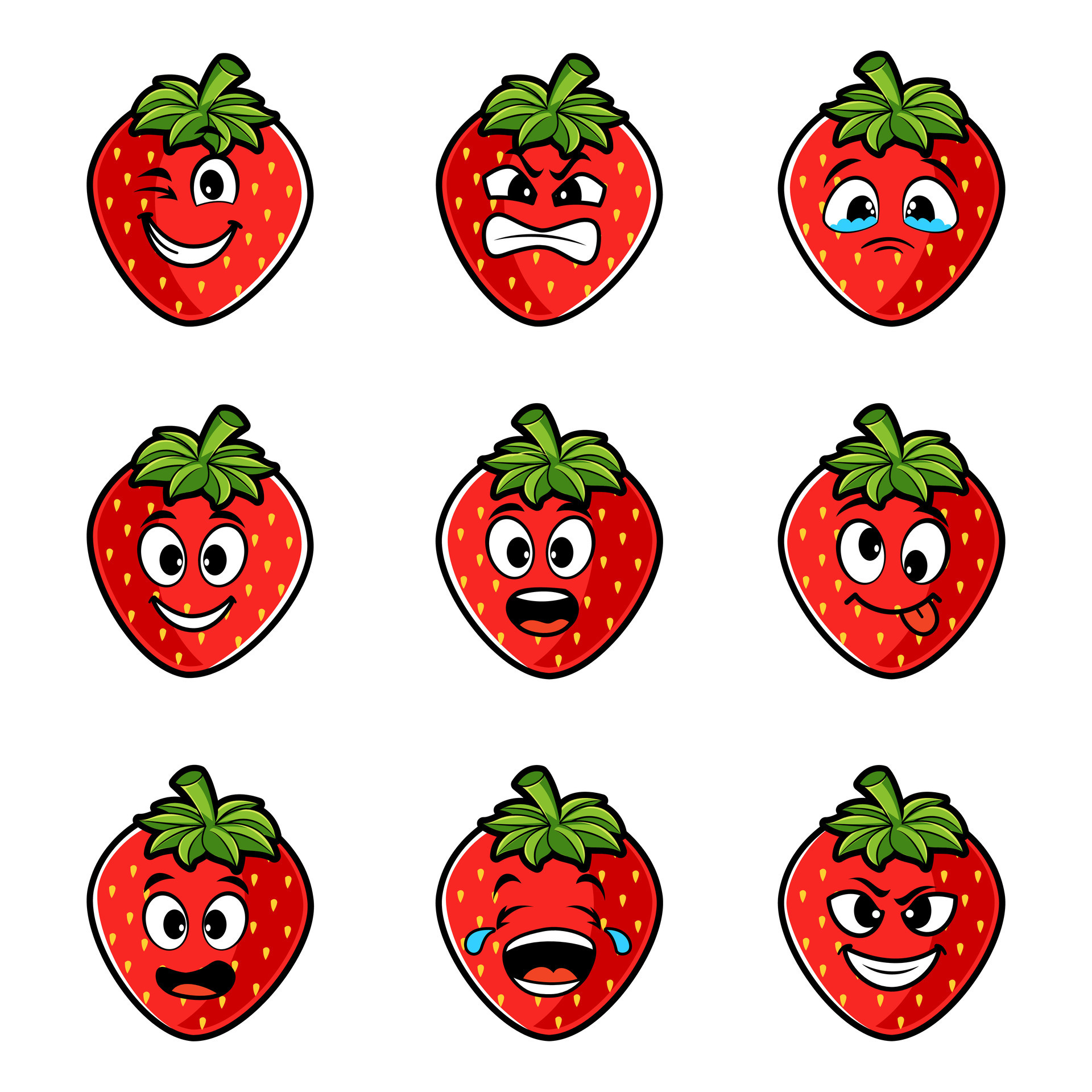 Strawberry character with funny face. Happy cute cartoon strawberry