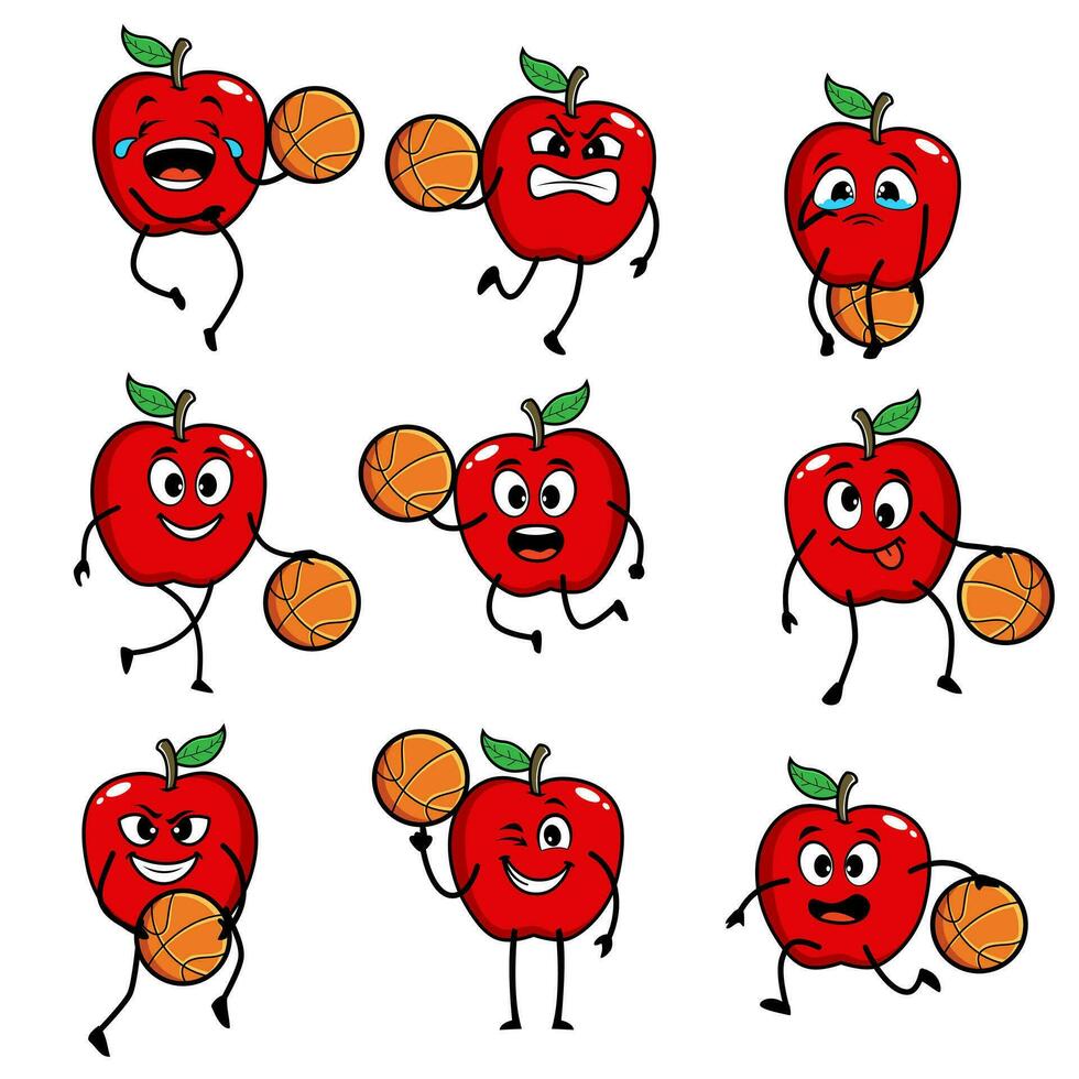 manzana conjunto dibujos animados baloncesto vector