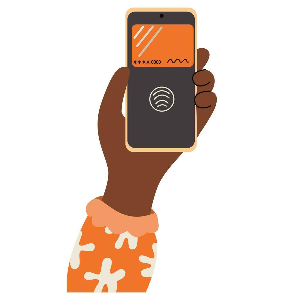 Person paying cashless with smartphone.Hands paying with NFC technology. Contactless cashless payments vector
