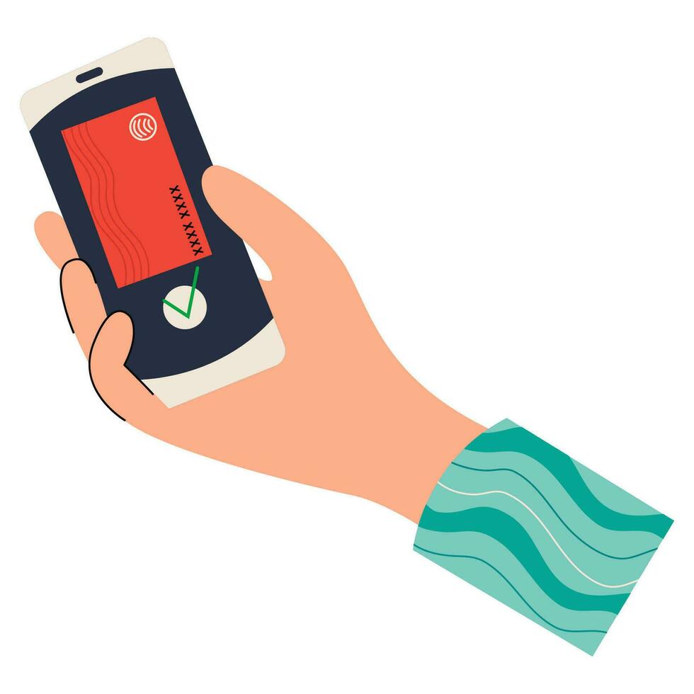 Person paying cashless with smartphone.Hands paying with NFC technology. Contactless cashless payments vector