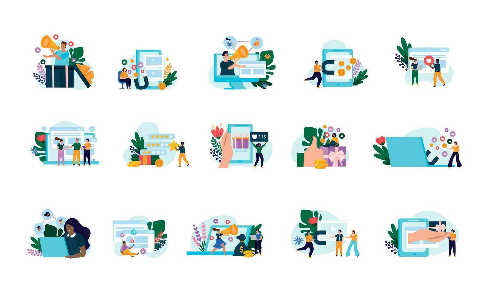 Referral Program Flat Colored Icon Set vector